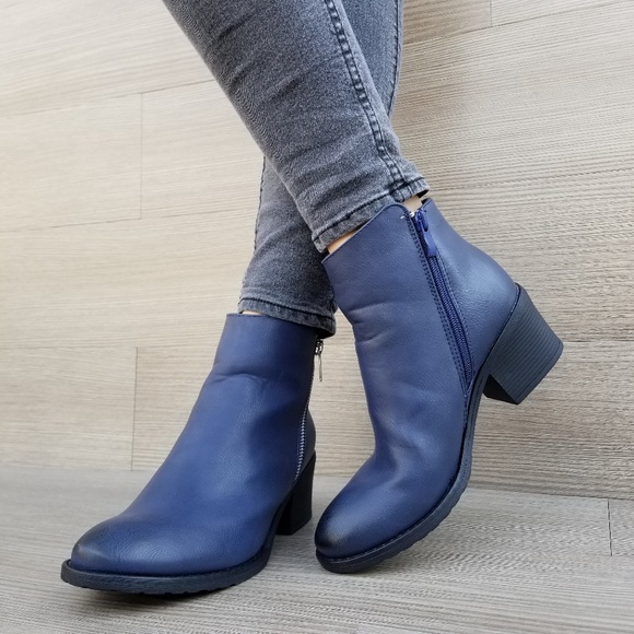 Navy Faux Leather Ankle Boots W/ Silver Zipper - Picture 3 of 7